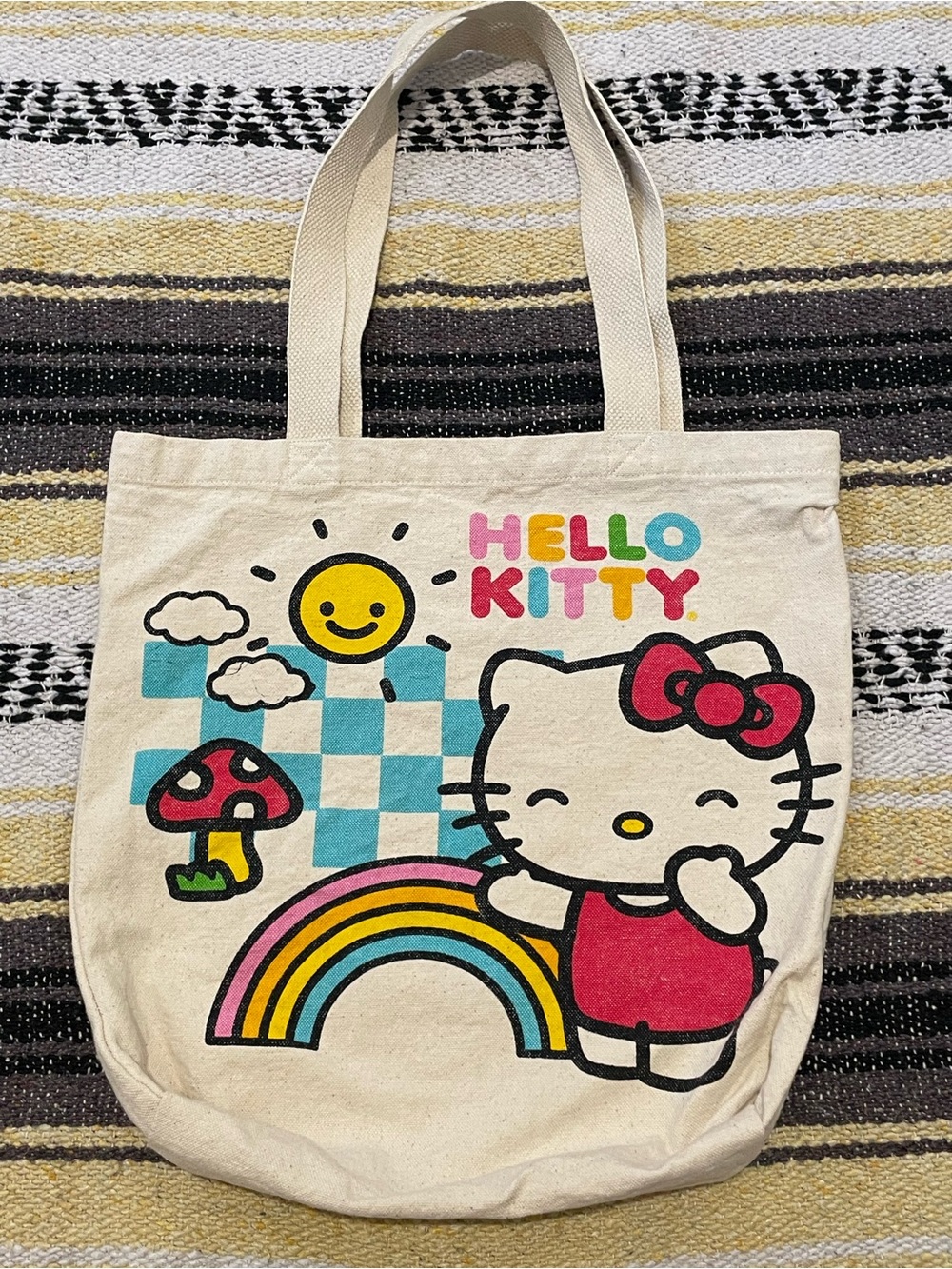 Hello Kitty Rainbow Smiles Canvas Tote Bag 🌈🍄 Natural Cotton